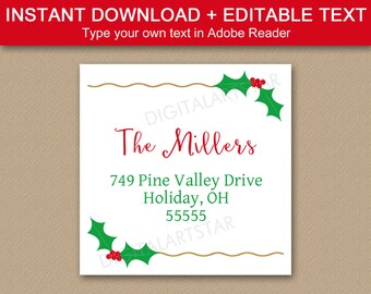 Printable Christmas Address Template - Square Return Address Labels Christmas - Address Labels Holiday - Red Green Gold Mailing Labels