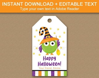 Owl Halloween Gift Tags, Happy Halloween Tags Printable, Halloween Owl Party Favor Tags, Editable Halloween Hang Tags Instant Download