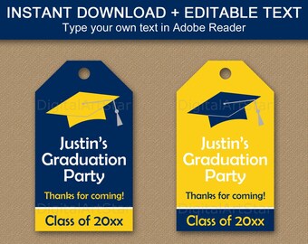 2024 Graduation Thank You Tags Printable - Navy Blue and Yellow Graduation Tags Instant Download - Editable Graduation Gift Tags Template G1