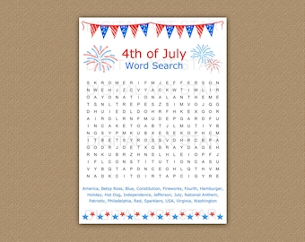 4th of July Word  Search, Printable Word Search, Games for July 4th, Word Search Puzzle Printable, 4th of July Activity Sheet, Word Games P4