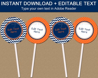 Personalized Birthday Cupcake Toppers - Navy and Orange Party Decor - Baby Boy Cupcake Decorations - Cupcake Picks for Baby Shower B1