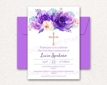 First Communion Invitation Purple, First Communion Invitation Girl, Downloadable First Holy Communion Invitation PDF, Floral Invitation FL2