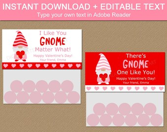 Gnome Valentine Treat Bag Toppers, Printable Valentine Bag Toppers, Goody Bags for Kids, Editable Valentines Day Bag Topper Instant download