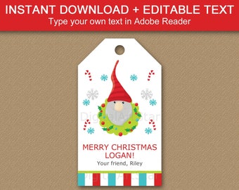 Cute Christmas Tags - Merry Christmas Gift Tag Editable - Gnome Christmas Favor Tags Kids - Holiday Bag Tags - Printable Tags Christmas