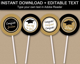 Graduation Cupcake Toppers Printable - Black and Gold Graduation Party Decorations - Cupcake Picks - Cupcake Toppers Graduation 2024 G2