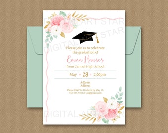 Floral Graduation Party Invitation, Floral Graduation Invitation Instant Download, Pink and Gold Graduation Editable Invitation Template FL1