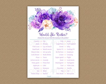 Baby Shower Game Girl, Baby Shower Game Printable, Purple Floral Baby Shower Game Would She Rather, Baby Shower Game Download FL2