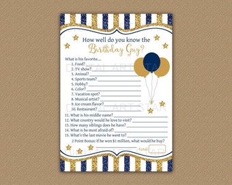 How Well Do You Know the Birthday Guy, Who Knows the Birthday Guy Best, Birthday Game Printable, Navy Blue and Gold Birthday Party Game B4