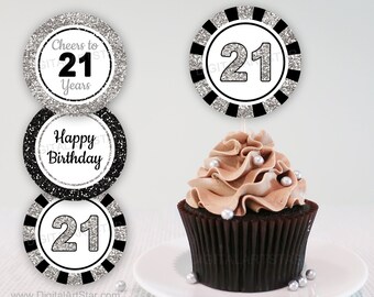 21st Birthday Cupcake Toppers Printable, 21 Birthday Decorations for Him, Black and Silver Happy Birthday Cupcake Picks for Her B11