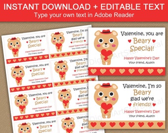 Cute Valentine Cards for Kids, Beary Valentine Printable, Bear Valentine Cards, Beary Glad We're Friends, Beary Special Valentines Day Card