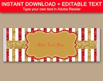 Red and Gold Birthday Candy Bar Wrappers, Red and Gold Baby Shower Favors, Chocolate Wrapper Template, Retirement Favors, Candy Bar Label B4