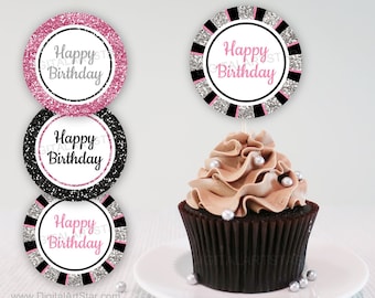 Pink Birthday Cupcake Toppers for Girls, Birthday Decorations for Women, Birthday Cupcake Picks, Happy Birthday Sticker for Party Bag B11