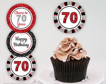 70th Birthday Cupcake Toppers Printable, Red and Black Birthday Decorations, Happy 70th Birthday Cupcake Picks Instant Download B11