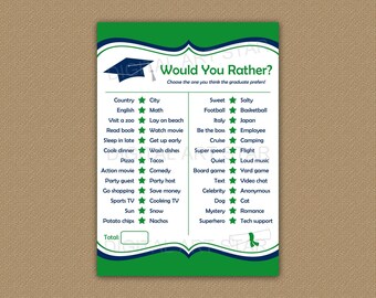 This or That Graduation Game, Would You Rather Game, Would You Rather Printable, Graduation Games for High School, Green and Blue G1