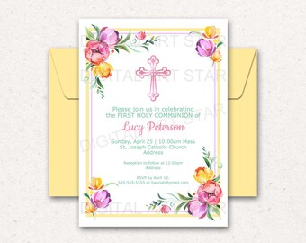 Floral First Communion Invitation PRINTABLE, Tulip Invitation Template for Girl First Holy Communion, 1st Communion Invitation Digital Girl