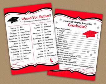 Graduation Games 2024, Red and Black Graduation Games Printable Bundle, Who Knows the Grad Best Game, Would You Rather Graduate Game G1