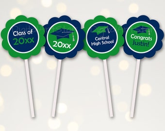 PRINTABLE Graduation Cupcake Toppers 2024, Green and Blue Graduation Party Decorations 2024, Personalized Cupcake Picks Graduation G1