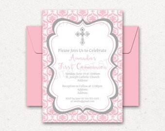 PRINTABLE First Communion Invitation Girl Pink and Silver, First Holy Communion Invitation Digital, Girl 1st Communion Invitation Template