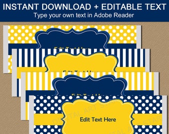 Boy Baby Shower Favors, Editable Candy Wrapper, Navy Blue and Yellow Birthday Party Favors Instant Download, Chocolate Wrapper Template B3