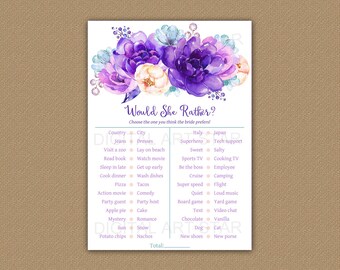 Would She Rather Bridal Shower Game Printable, Purple Floral Bridal Shower Games Would She Rather, Bridal Shower Game This or That FL2