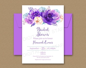 Purple Bridal Shower Invites, Watercolor Floral Bridal Shower Invitation Template, Purple and Turquoise Invitations Instant Download FL2
