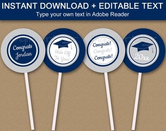 Navy Blue and Gray Printable Graduation Cupcake Toppers - Graduation Decorations - Graduation Download - Graduation Cupcake Picks G2