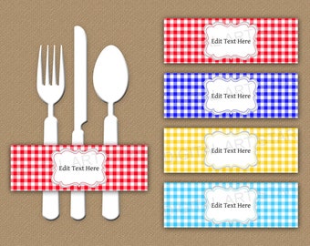 Gingham Napkin Rings, Father's Day Napkin Wraps, Gingham Table Decor, Silverware Wrapper, Editable Napkin Rings, Printable Napkin Wrappers