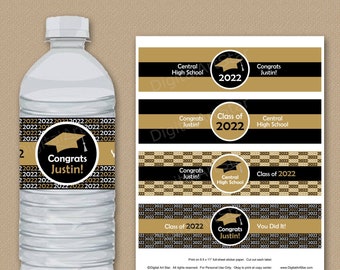 Black and Gold Graduation Party Decorations - Graduation Water Bottle Labels Instant Download - 2022 Graduation Printable Downloadable G1