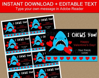 Instant Download Valentines Day Cards for Friends, I Chews You Shark Valentine Card for Kids, Editable Valentines, Printable Boy Valentines