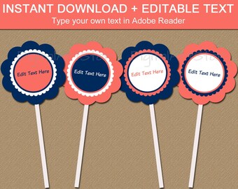 Coral and Navy Blue Cupcake Toppers, Birthday Cupcake Picks, Wedding Cupcake Topper Template, Printable Party Decorations, Party Ideas