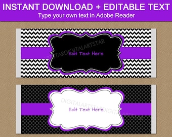 Birthday Candy Bar Wrapper Template, Chocolate Wrappers, Baby Shower Favors, Purple and Black Candy Wrappers Printable Girl Birthday B1