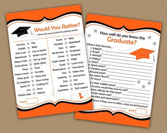 Graduation Party Games Printable, Orange and Black Graduation Games Bundle, Who Knows the Grad Best Game, Would You Rather Graduate Game G1