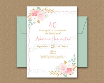 40th Birthday Invitation for Women, Floral Invitation Birthday ANY AGE, Editable Birthday Invitation Template, Printable Birthday Invite FL1