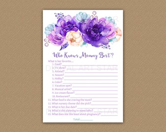 Purple Baby Shower Game, Who Knows Mommy Best Baby Shower Game Printable, How Well Do You Know Mommy, Purple Floral Baby Shower Theme FL2