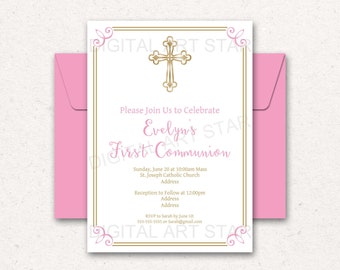 First Communion Invitation Girl Digital, Pink and Gold First Communion Invitation Template, PRINTABLE 1st Communion Invite Personalized FC2