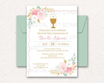 Floral First Holy Communion Invitation, PRINTABLE Invitation First Communion for Girl, Downloadable First Communion Invitation Girl FL1