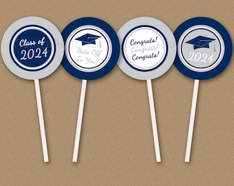 Cupcake Toppers Graduation, Navy Blue Graduation Party Decorations 2024, Party Decor Navy Blue and Silver Graduation Cupcake Picks G2