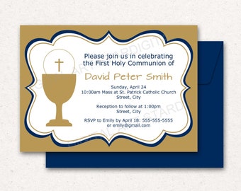 PRINTABLE First Holy Communion Invitations Boy, Personalized First Communion Invitation Download, Gold First Communion Boy Invitation FC1