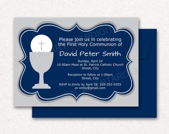 PRINTABLE First Communion Invitation Boy, First Communion Boy, Downloadable Boy Communion Invitations, Gray and Navy Blue Communion FC1