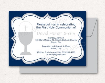 PRINTABLE Boy First Communion Invitation, Boy Communion Invite, Navy Blue Communion Invitation for Boy, Downloadable Invitation Template FC1