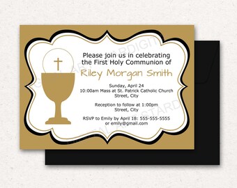 First Communion Invitation PRINTABLE, Holy Communion Invitations for Boys or Girls, 1st Communion Invitations PDF, Gold Communion Invite FC1