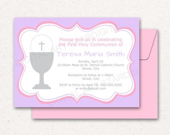 PRINTABLE First Communion Invitation Girl, Lavender Communion Invitation Digital, Purple and Pink Invitation for Girl First Communion FC1