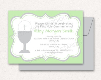 1st Communion Invitation PRINTABLE, Invitation Template First Communion, Downloadable First Holy Communion Invitation Green and Silver FC1