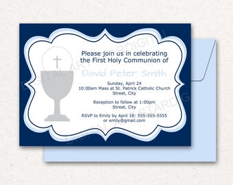 PRINTABLE 1st Holy Communion Invitation, First Communion Invitation Printable, Holy Communion Invitation Boy, Navy Blue Communion Invite FC1