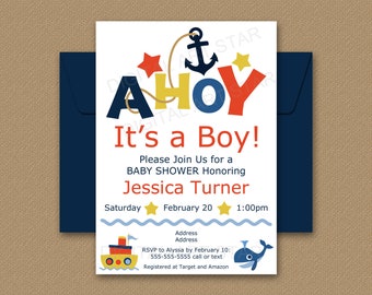 Ahoy Its a Boy Invitation, Nautical Baby Shower Invitation Template - Nautical Printables, Invitation Downloadable, Boy Baby Shower Theme N2