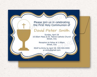 PRINTABLE First Communion Invitation Boy, Navy Blue Gold Invitation, Boy 1st Communion Invitation Template, Personalized Invite FC1