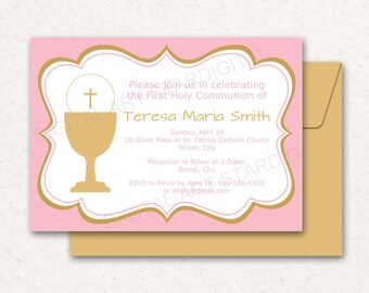 PRINTABLE First Communion Invitation, Girl First Communion Invitation Digital, Pink and Gold First Holy Communion Invites Girl FC1