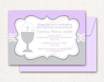 Lace First Communion Invitation PRINTABLE, Lavender and Silver First Holy Communion Invitation, Girl First Communion Invite Template FC1