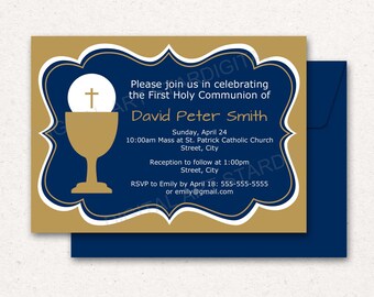 First Communion Invitation PRINTABLE, Navy Blue and Gold Invitations First Holy Communion Invitation Boy, 1st Communion Invites FC1