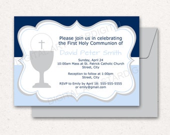 Communion Invitations PRINTABLE, Boy First Communion Invitations, Blue First Holy Communion Invitation Template, 1st Communion Invite FC1